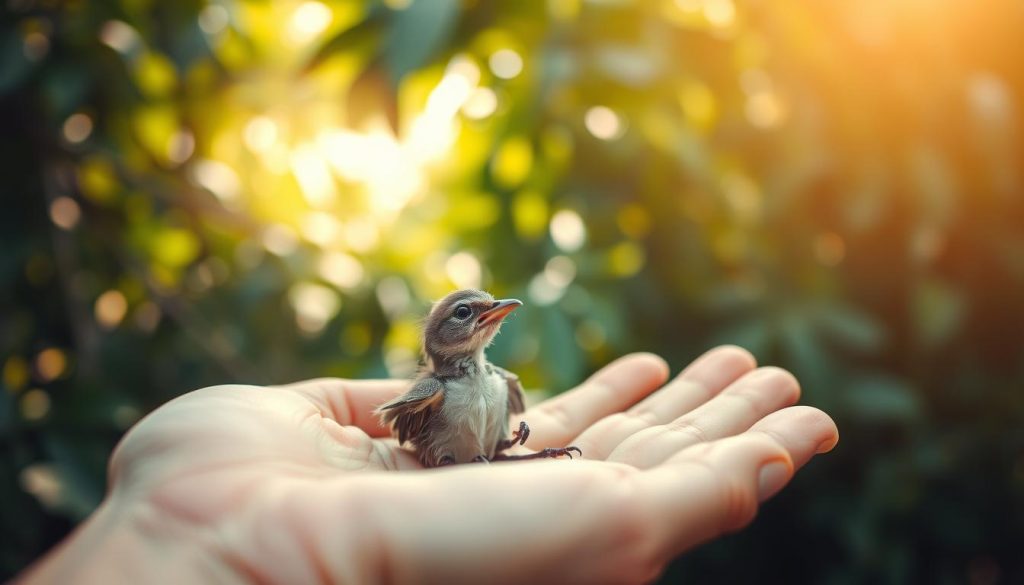 Feeding baby birds fallen from nests