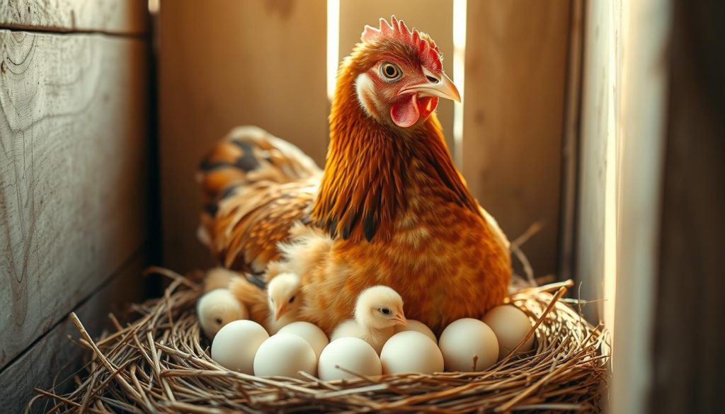 Hen hatching eggs naturally