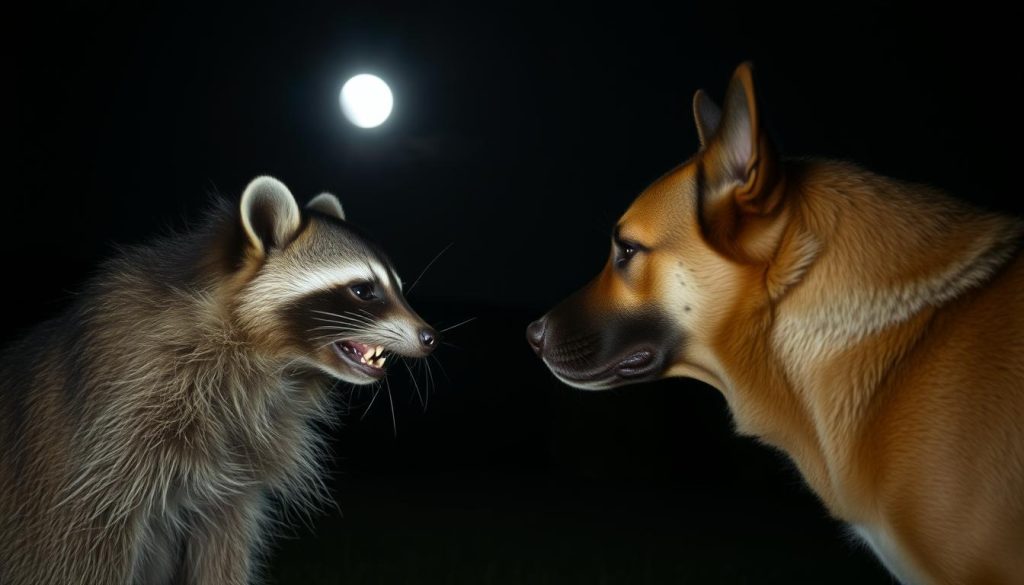 raccoon fighting dog