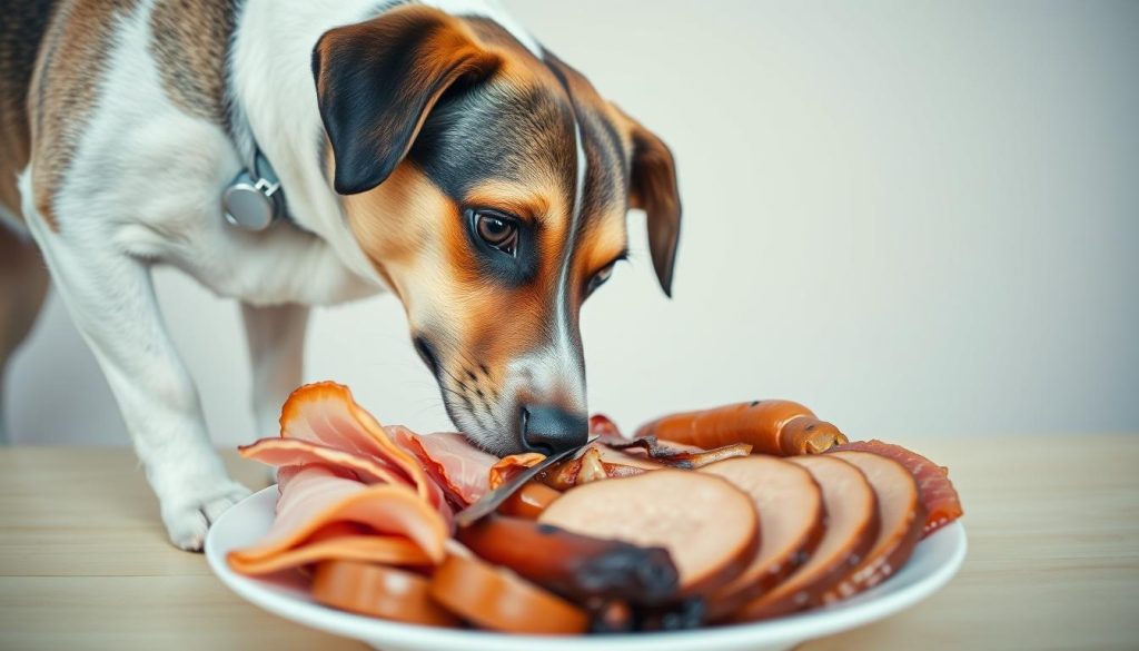 dogs eating ham and meats